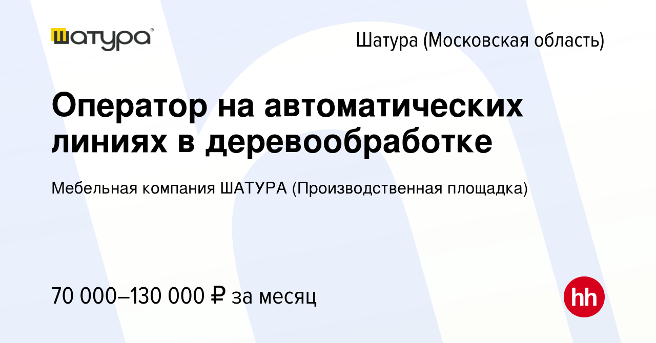 Вакансия Оператор на автоматических линиях в деревообработке в Шатуре,  работа в компании Мебельная компания ШАТУРА (Производственная площадка)  (вакансия в архиве c 10 июня 2024)