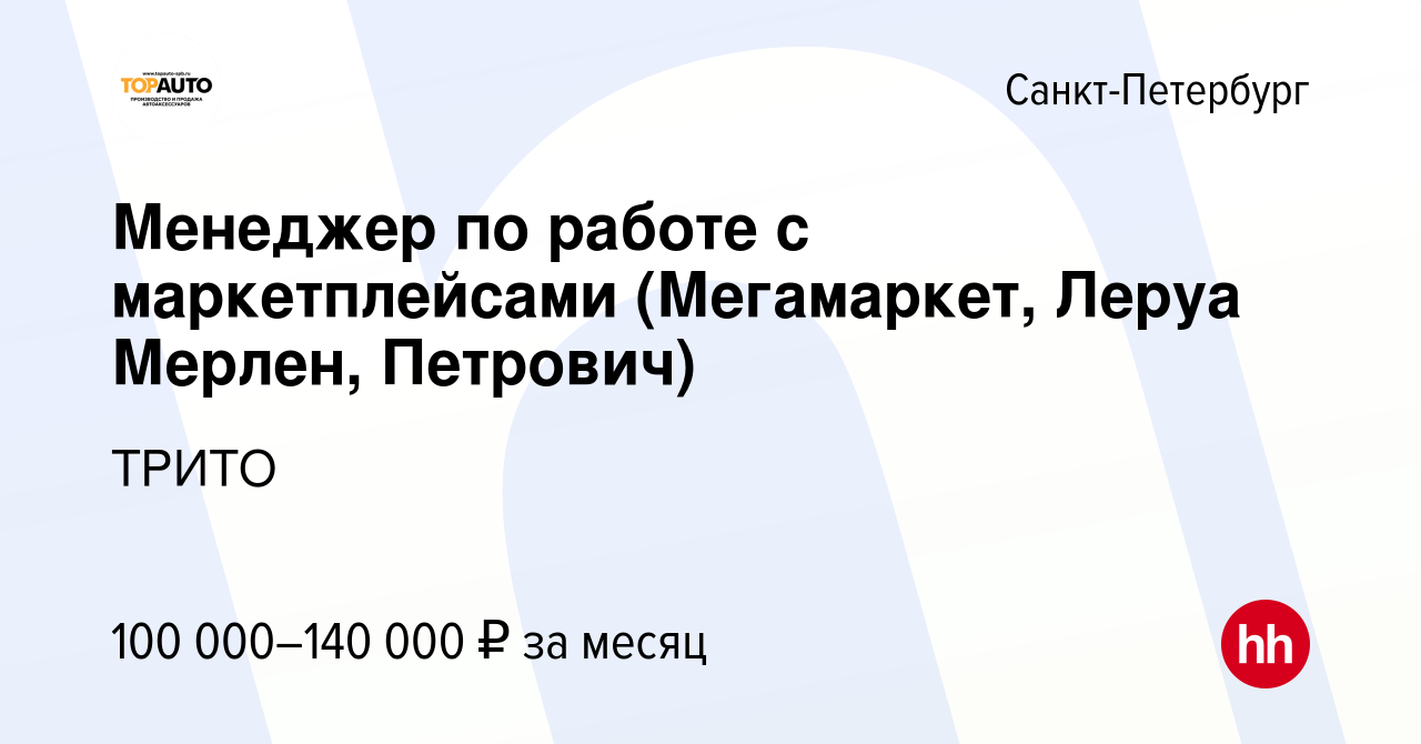 Вакансия Менеджер по работе с маркетплейсами (Мегамаркет, Леруа Мерлен,  Петрович) в Санкт-Петербурге, работа в компании ТРИТО (вакансия в архиве c  23 ноября 2023)