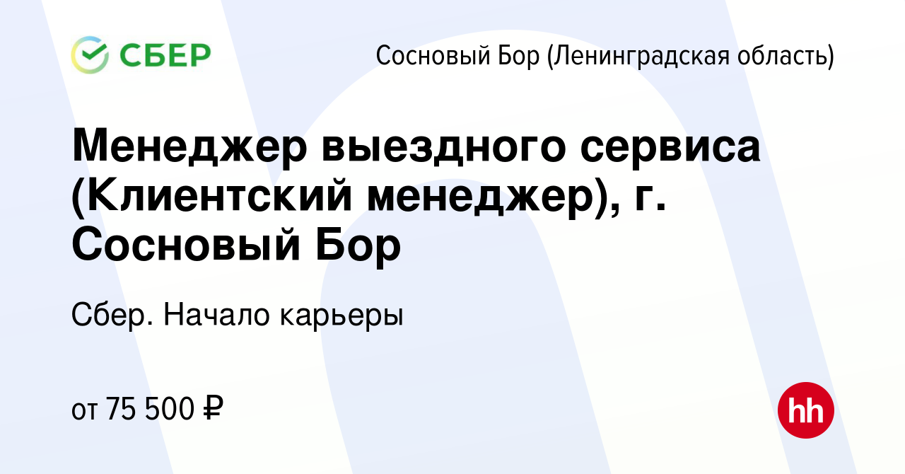 Вакансия Менеджер выездного сервиса (Клиентский менеджер), г. Сосновый Бор  в Сосновом Бору (Ленинградская область), работа в компании Сбер. Начало  карьеры (вакансия в архиве c 25 января 2024)