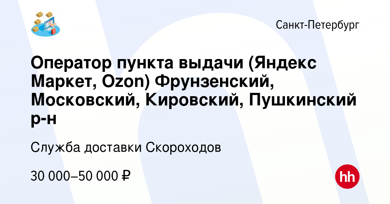 Вакансия Оператор пункта выдачи (Яндекс Маркет, Ozon) Фрунзенский,  Московский, Кировский, Пушкинский р-н в Санкт-Петербурге, работа в компании  Служба доставки Скороходов (вакансия в архиве c 29 ноября 2023)