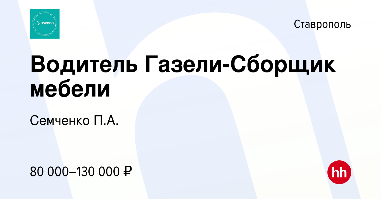 Вакансия Водитель Газели-Сборщик мебели в Ставрополе, работа в компании  Семченко П.А. (вакансия в архиве c 2 декабря 2023)