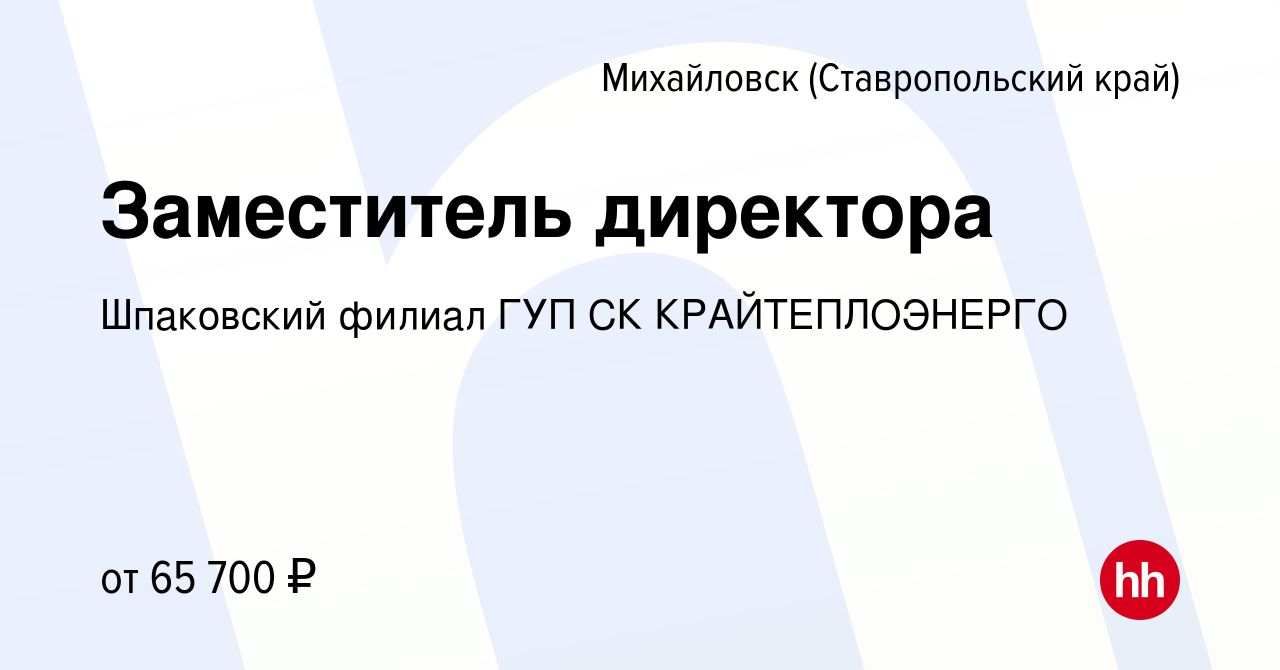 Вакансия Заместитель директора в Михайловске, работа в компании Шпаковский  филиал ГУП СК КРАЙТЕПЛОЭНЕРГО (вакансия в архиве c 3 декабря 2023)