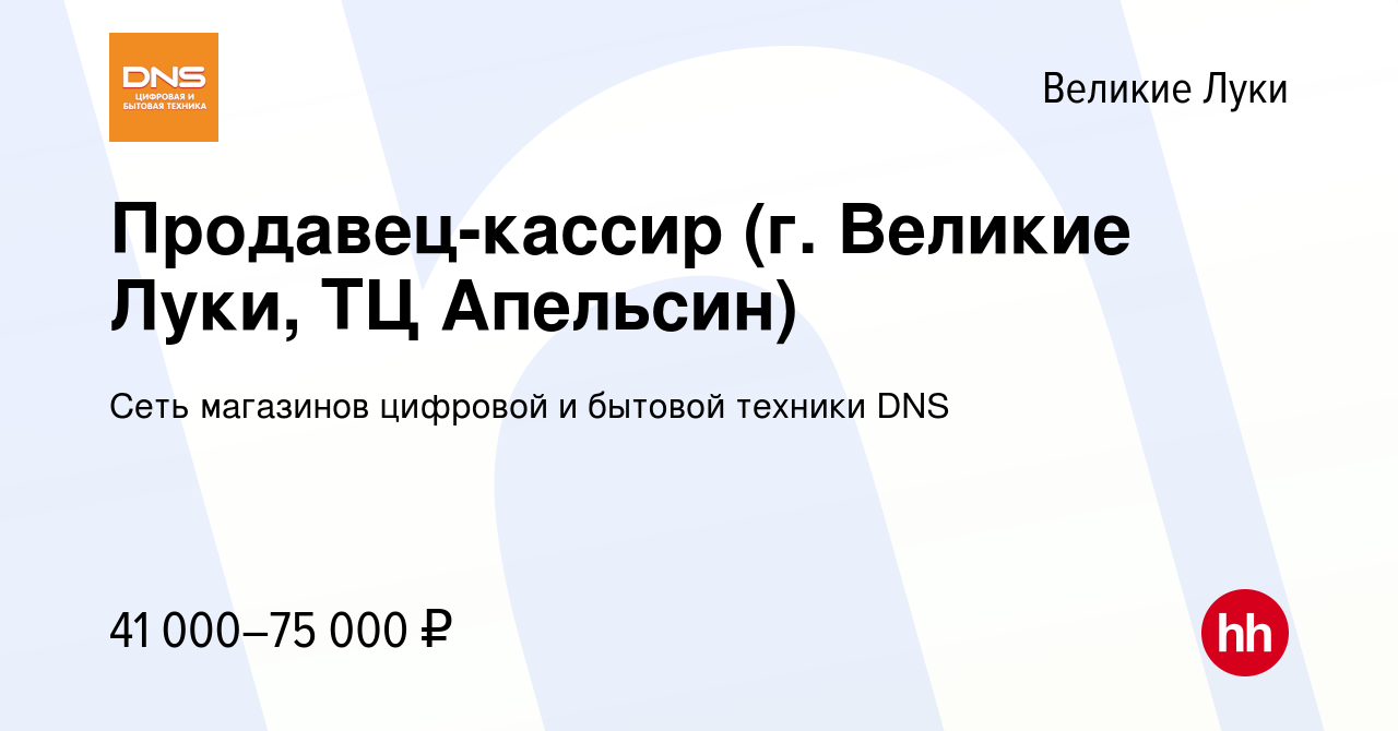 Вакансия Продавец-кассир (г. Великие Луки, ТЦ Апельсин) в Великих Луках,  работа в компании Сеть магазинов цифровой и бытовой техники DNS (вакансия в  архиве c 27 декабря 2023)