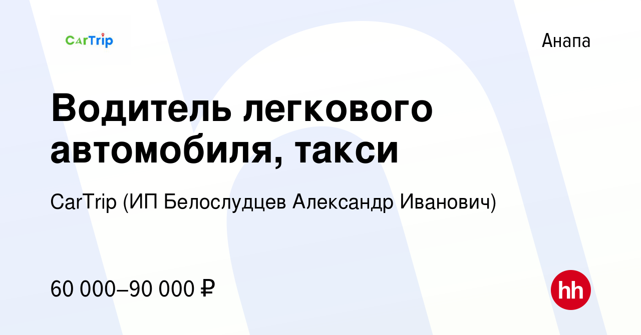 Вакансия Водитель легкового автомобиля, такси в Анапе, работа в компании  CarTrip (ИП Белослудцев Александр Иванович) (вакансия в архиве c 7 декабря  2023)