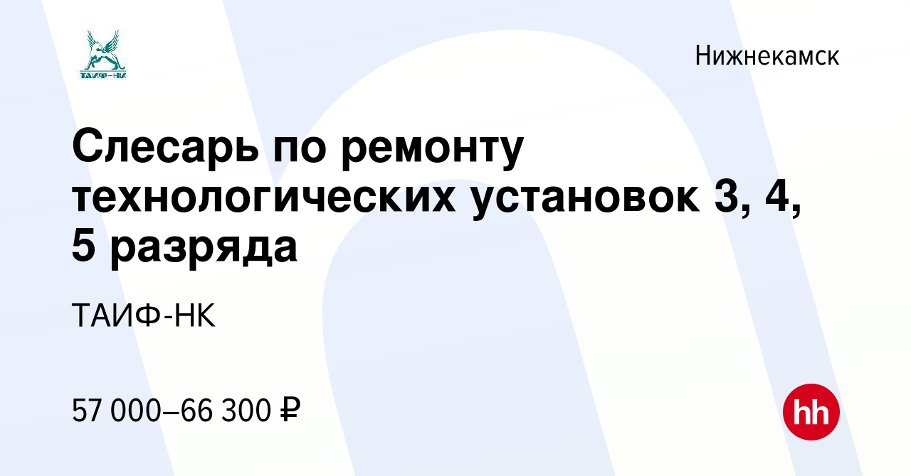 Вакансия Слесарь по ремонту технологических установок 3, 4, 5 разряда в  Нижнекамске, работа в компании ТАИФ-НК (вакансия в архиве c 10 декабря 2023)