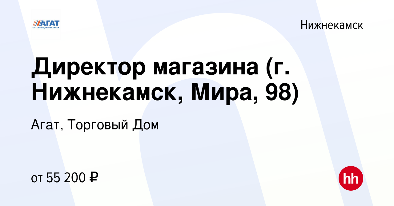 Вакансия Директор магазина (г. Нижнекамск, Мира, 98) в Нижнекамске, работа  в компании Агат, Торговый Дом (вакансия в архиве c 21 ноября 2023)