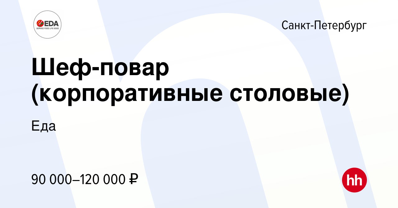 Вакансия Шеф-повар (корпоративные столовые) в Санкт-Петербурге, работа в  компании Еда (вакансия в архиве c 7 декабря 2023)