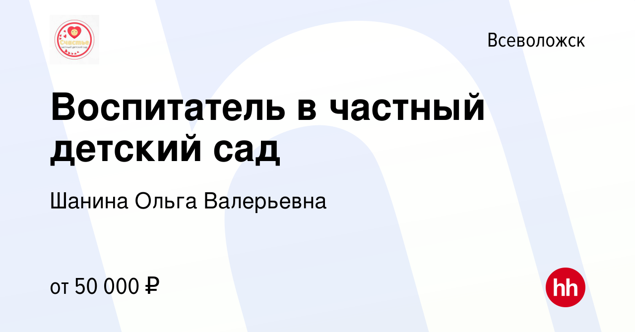 Вакансия Воспитатель в частный детский сад во Всеволожске, работа в  компании Шанина Ольга Валерьевна (вакансия в архиве c 20 декабря 2023)