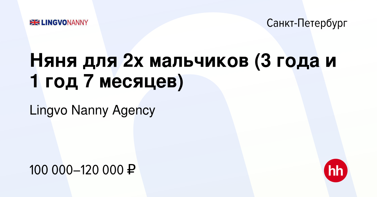 Вакансия Няня для 2х мальчиков (3 года и 1 год 7 месяцев) в Санкт-Петербурге,  работа в компании Lingvo Nanny Agency (вакансия в архиве c 21 декабря 2023)