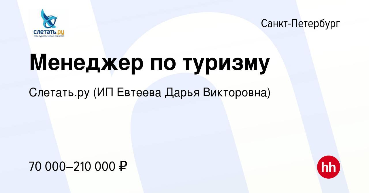 Вакансия Менеджер по туризму в Санкт-Петербурге, работа в компании Слетать. ру (ИП Евтеева Дарья Викторовна) (вакансия в архиве c 21 декабря 2023)