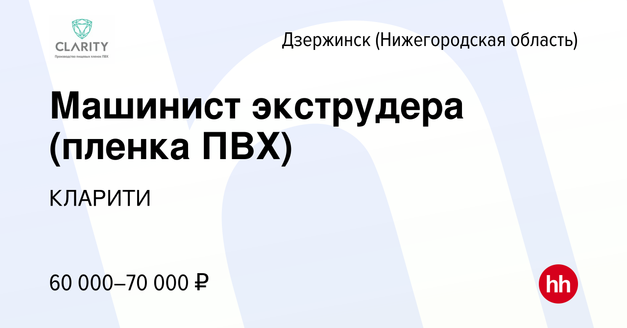 Вакансия Машинист экструдера (пленка ПВХ) в Дзержинске, работа в компании  КЛАРИТИ (вакансия в архиве c 5 декабря 2023)