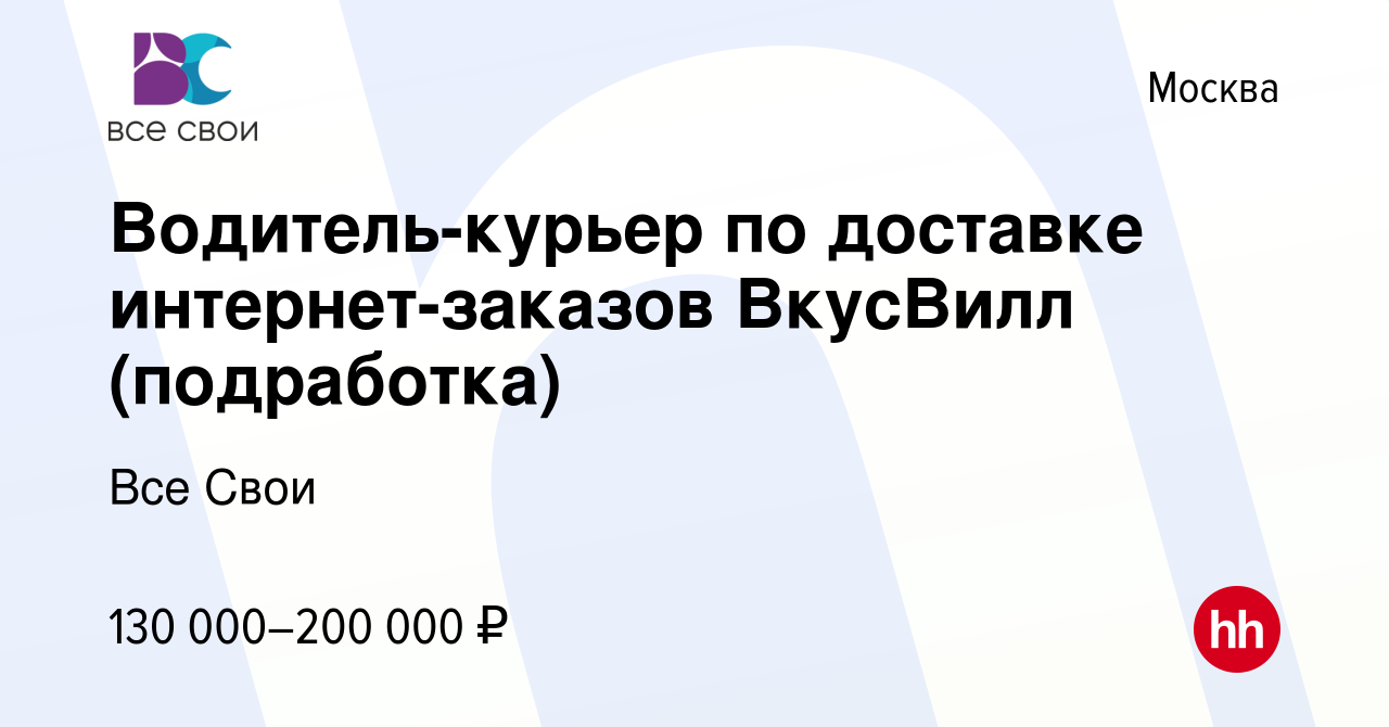 Вакансия Водитель-курьер по доставке интернет-заказов ВкусВилл (подработка)  в Москве, работа в компании Все Свои (вакансия в архиве c 22 декабря 2023)