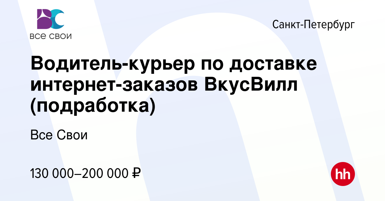 Вакансия Водитель-курьер по доставке интернет-заказов ВкусВилл (подработка)  в Санкт-Петербурге, работа в компании Все Свои (вакансия в архиве c 22  декабря 2023)