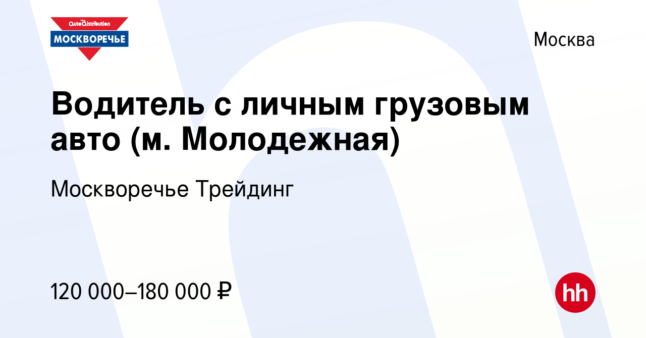 Вакансия Водитель с личным грузовым авто (м. Молодежная) в Москве, работа в  компании Москворечье Трейдинг (вакансия в архиве c 23 декабря 2023)