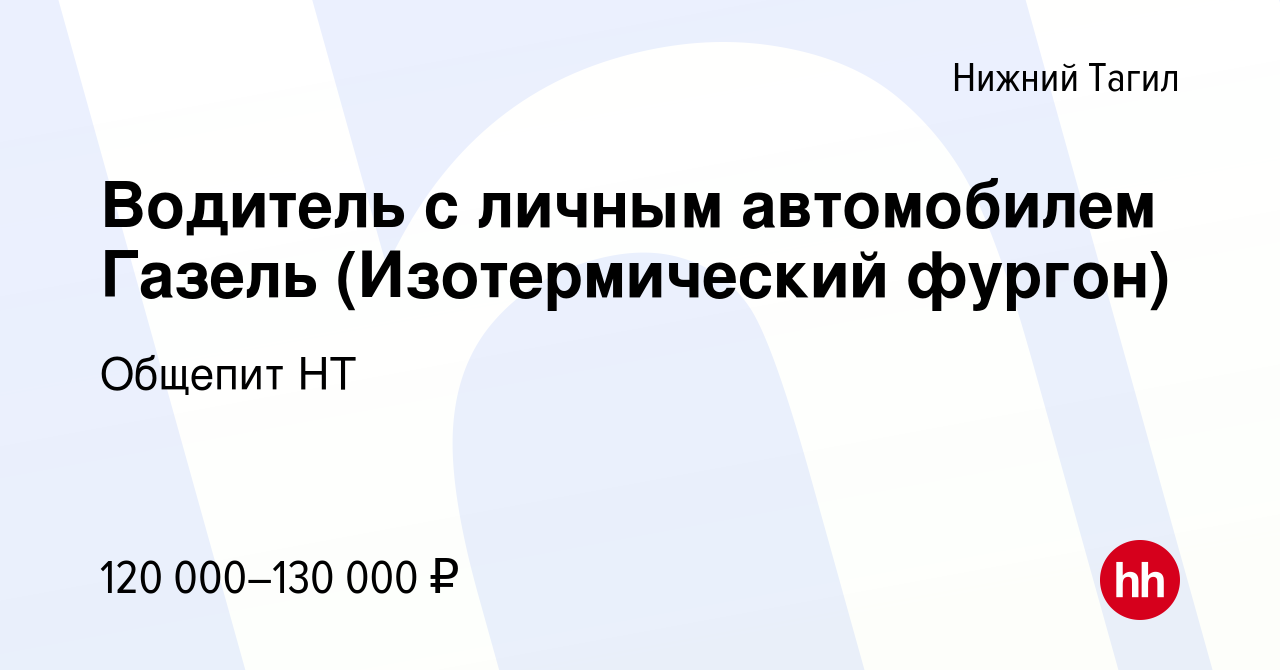 Вакансия Водитель с личным автомобилем Газель (Изотермический фургон) в  Нижнем Тагиле, работа в компании Общепит НТ (вакансия в архиве c 23 декабря  2023)