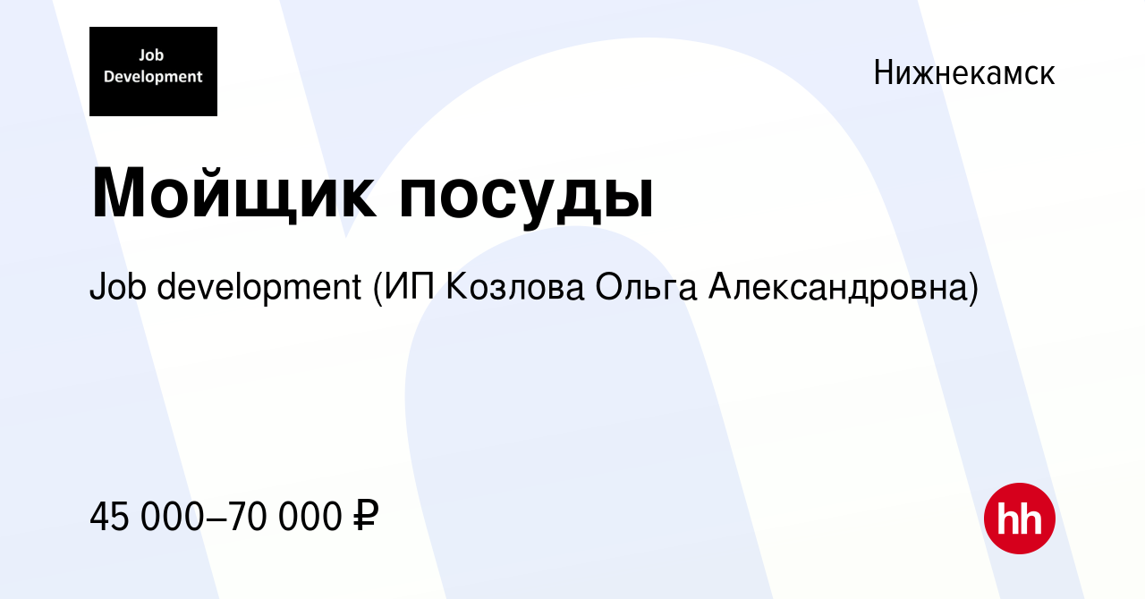 Вакансия Мойщик посуды в Нижнекамске, работа в компании Job development (ИП  Козлова Ольга Александровна) (вакансия в архиве c 25 декабря 2023)