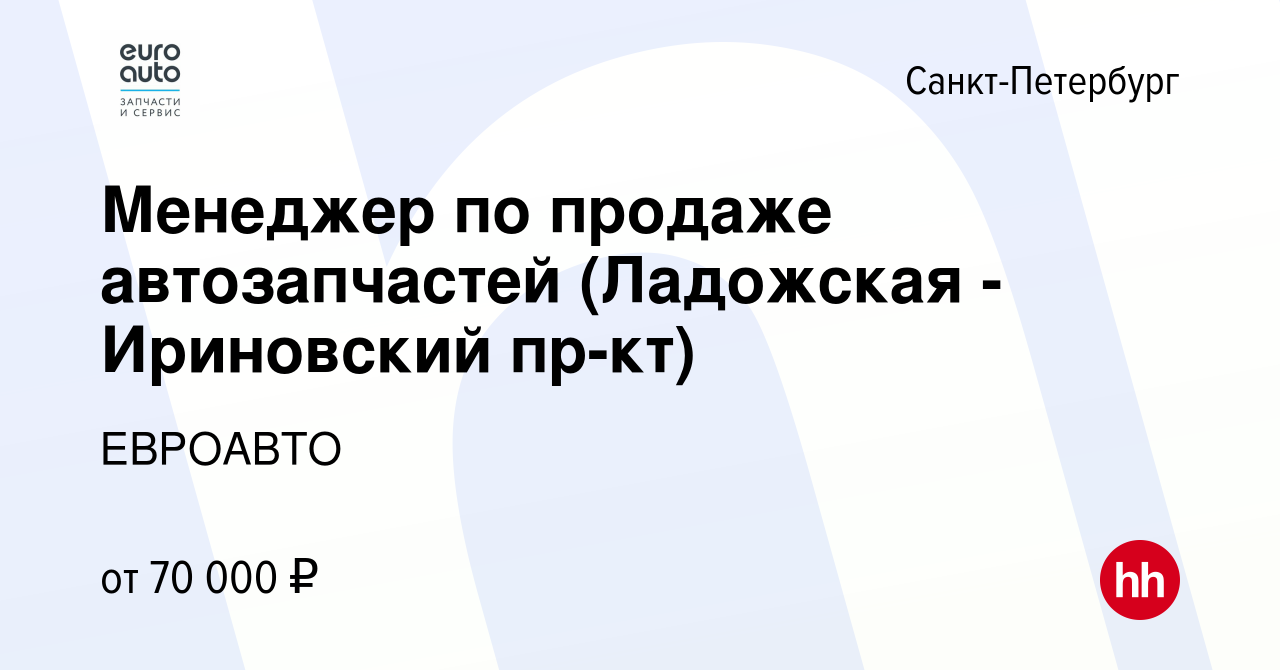 Вакансия Менеджер по продаже автозапчастей (Ладожская - Ириновский пр-кт) в  Санкт-Петербурге, работа в компании ЕВРОАВТО (вакансия в архиве c 24 января  2024)