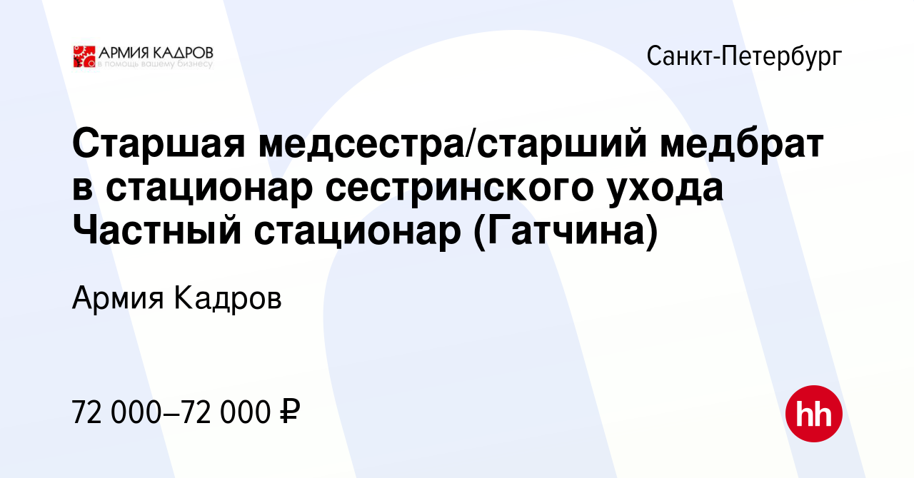 Вакансия Старшая медсестра/старший медбрат в стационар сестринского ухода  Частный стационар (Гатчина) в Санкт-Петербурге, работа в компании Армия  Кадров (вакансия в архиве c 23 февраля 2024)