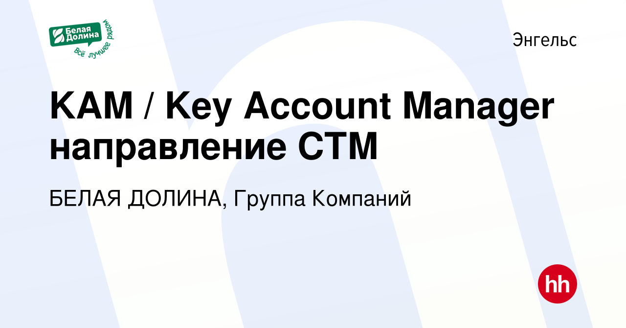 Вакансия KAM / Key Account Manager направление СТМ в Энгельсе, работа в  компании БЕЛАЯ ДОЛИНА, Группа Компаний (вакансия в архиве c 28 декабря 2023)