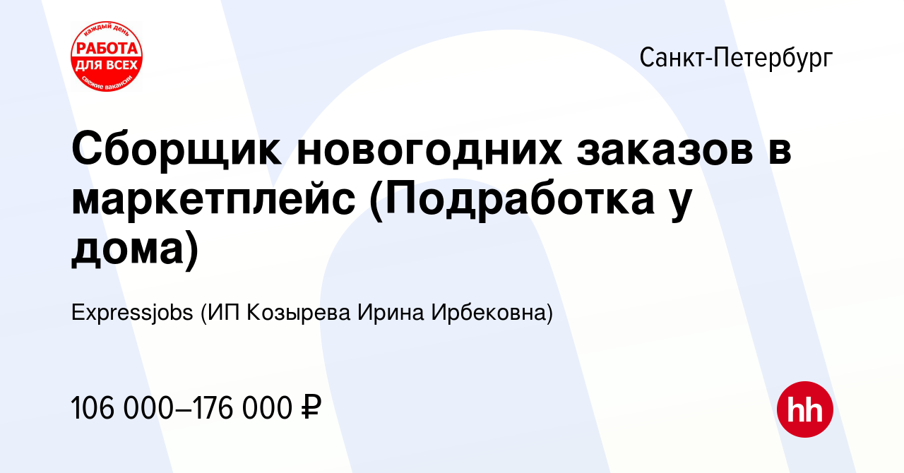 Вакансия Сборщик новогодних заказов в маркетплейс (Подработка у дома) в  Санкт-Петербурге, работа в компании Expressjobs (ИП Козырева Ирина  Ирбековна) (вакансия в архиве c 12 января 2024)