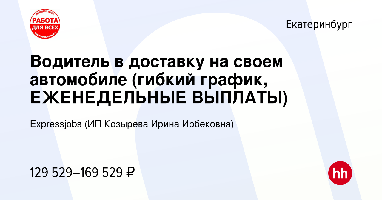 Вакансия Водитель в доставку на своем автомобиле (гибкий график,  ЕЖЕНЕДЕЛЬНЫЕ ВЫПЛАТЫ) в Екатеринбурге, работа в компании Expressjobs (ИП  Козырева Ирина Ирбековна) (вакансия в архиве c 12 января 2024)