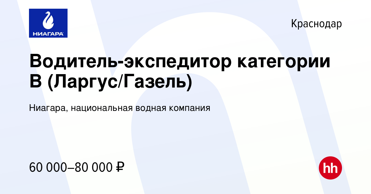 Вакансия Водитель-экспедитор категории В (Ларгус/Газель) в Краснодаре,  работа в компании Ниагара, национальная водная компания (вакансия в архиве  c 17 января 2024)