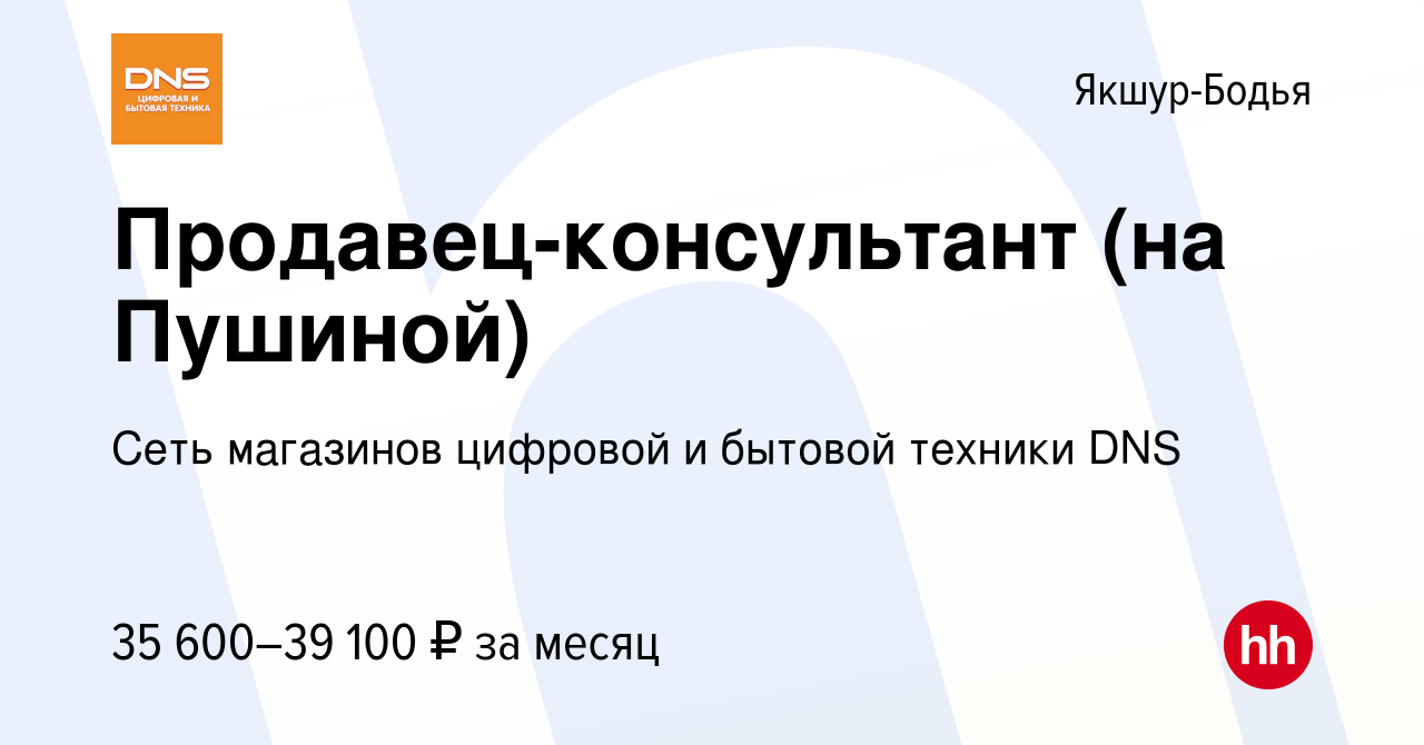 Вакансия Продавец-консультант (на Пушиной) в Якшур-Бодье, работа в компании  Сеть магазинов цифровой и бытовой техники DNS (вакансия в архиве c 17  января 2024)