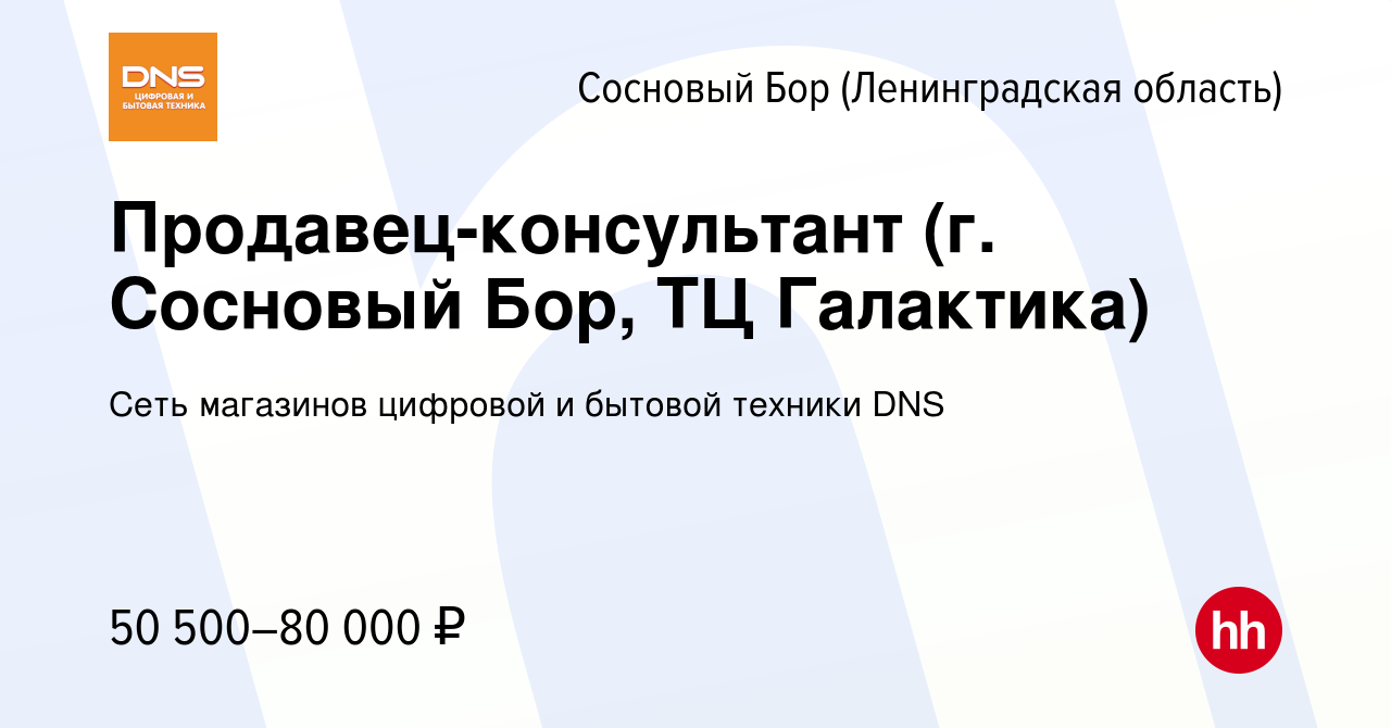 Вакансия Продавец-консультант (г. Сосновый Бор, ТЦ Галактика) в Сосновом  Бору (Ленинградская область), работа в компании Сеть магазинов цифровой и  бытовой техники DNS (вакансия в архиве c 27 декабря 2023)