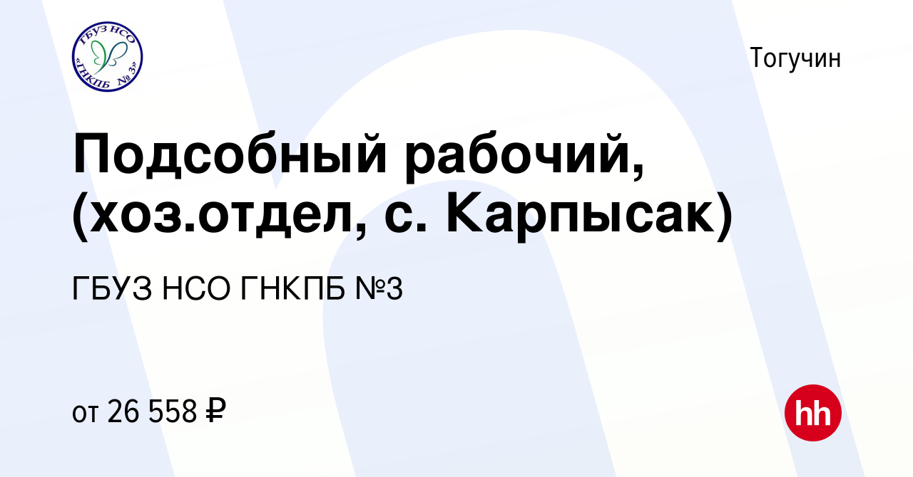 Вакансия Подсобный рабочий, (хоз.отдел, с. Карпысак) в Тогучине, работа в  компании ГБУЗ НСО ГНКПБ №3