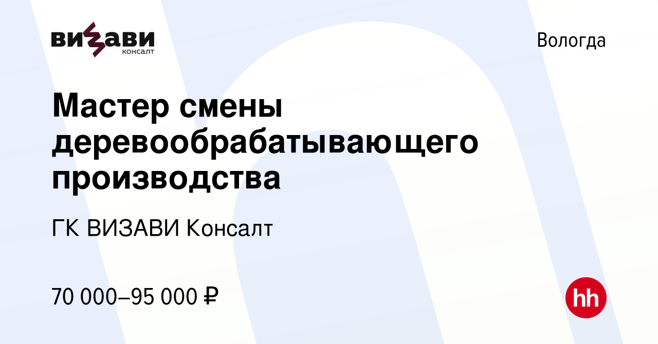 Вакансия Мастер смены деревообрабатывающего производства в Вологде, работа  в компании ГК ВИЗАВИ Консалт (вакансия в архиве c 10 января 2024)