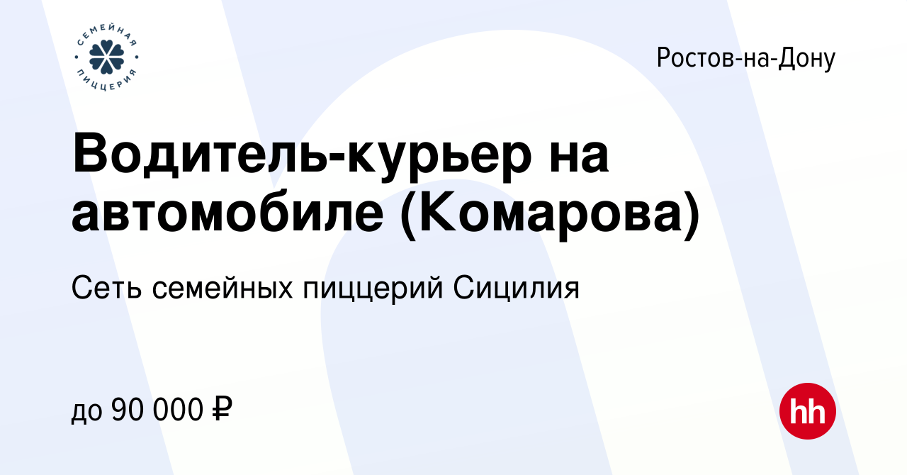 Вакансия Водитель-курьер на автомобиле (Комарова) в Ростове-на-Дону, работа  в компании Сеть семейных пиццерий Сицилия (вакансия в архиве c 10 января  2024)