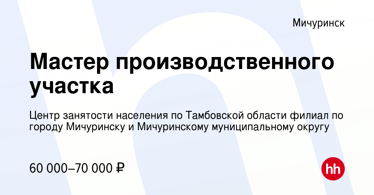 Вакансия Мастер производственного участка в Мичуринске, работа в компании  Центр занятости населения по Тамбовской области филиал по городу Мичуринску  и Мичуринскому муниципальному округу