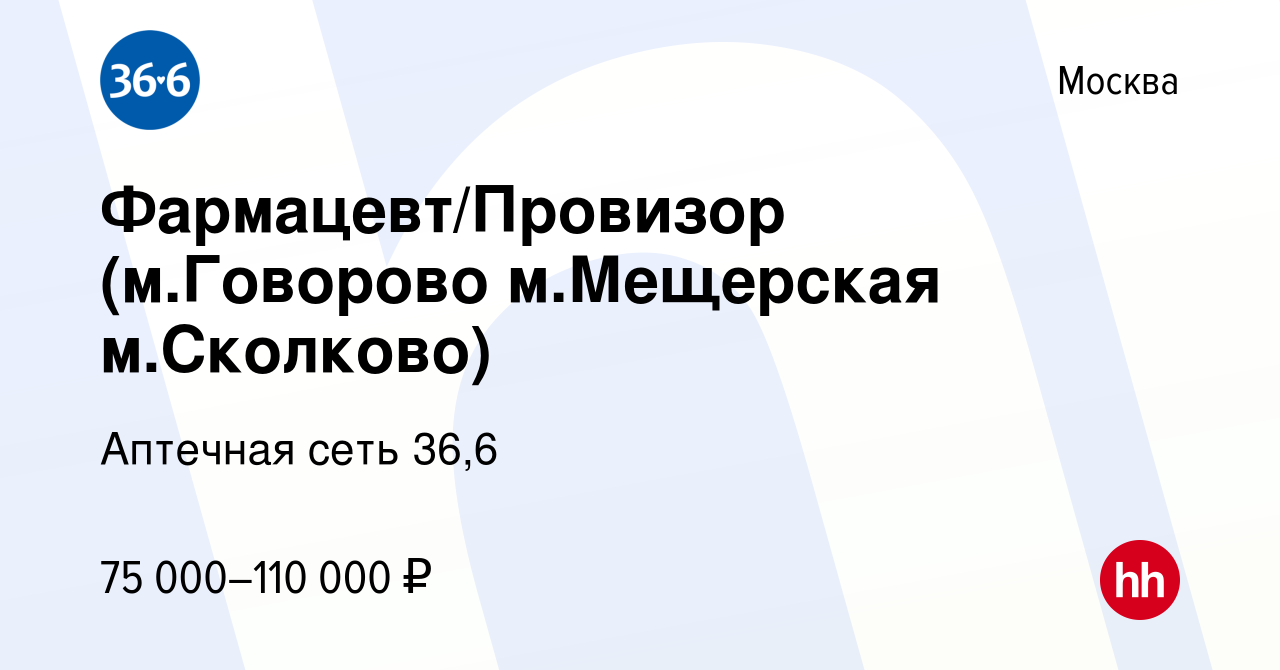 Вакансия Фармацевт/Провизор (м.Говорово м.Мещерская м.Сколково) в Москве,  работа в компании Аптечная сеть 36,6 (вакансия в архиве c 18 января 2024)