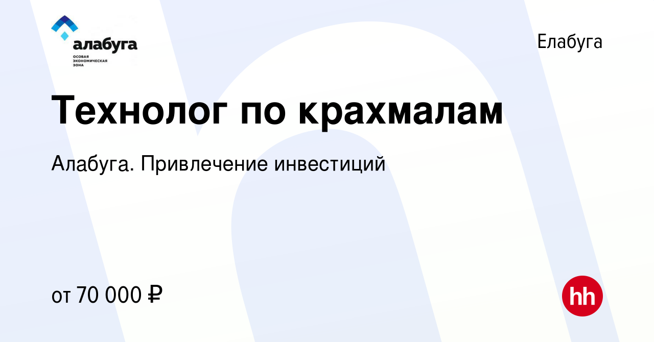 Вакансия Технолог по крахмалам в Елабуге, работа в компании Алабуга.  Привлечение инвестиций (вакансия в архиве c 11 января 2024)