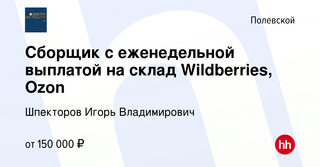 Вакансия Сборщик с еженедельной выплатой на склад Wildberries, Ozon в  Полевском, работа в компании Шпекторов Игорь Владимирович (вакансия в  архиве c 5 февраля 2024)