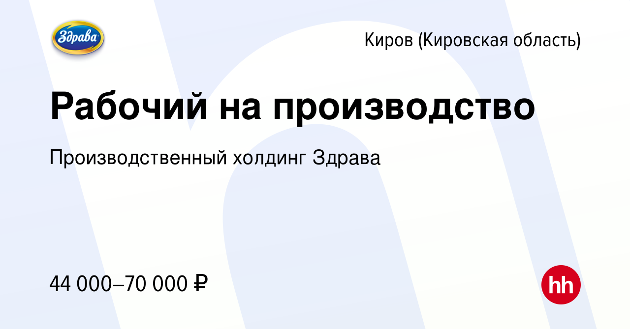 Вакансия Рабочий на производство в Кирове (Кировская область), работа в  компании Производственный холдинг Здрава (вакансия в архиве c 8 февраля  2024)