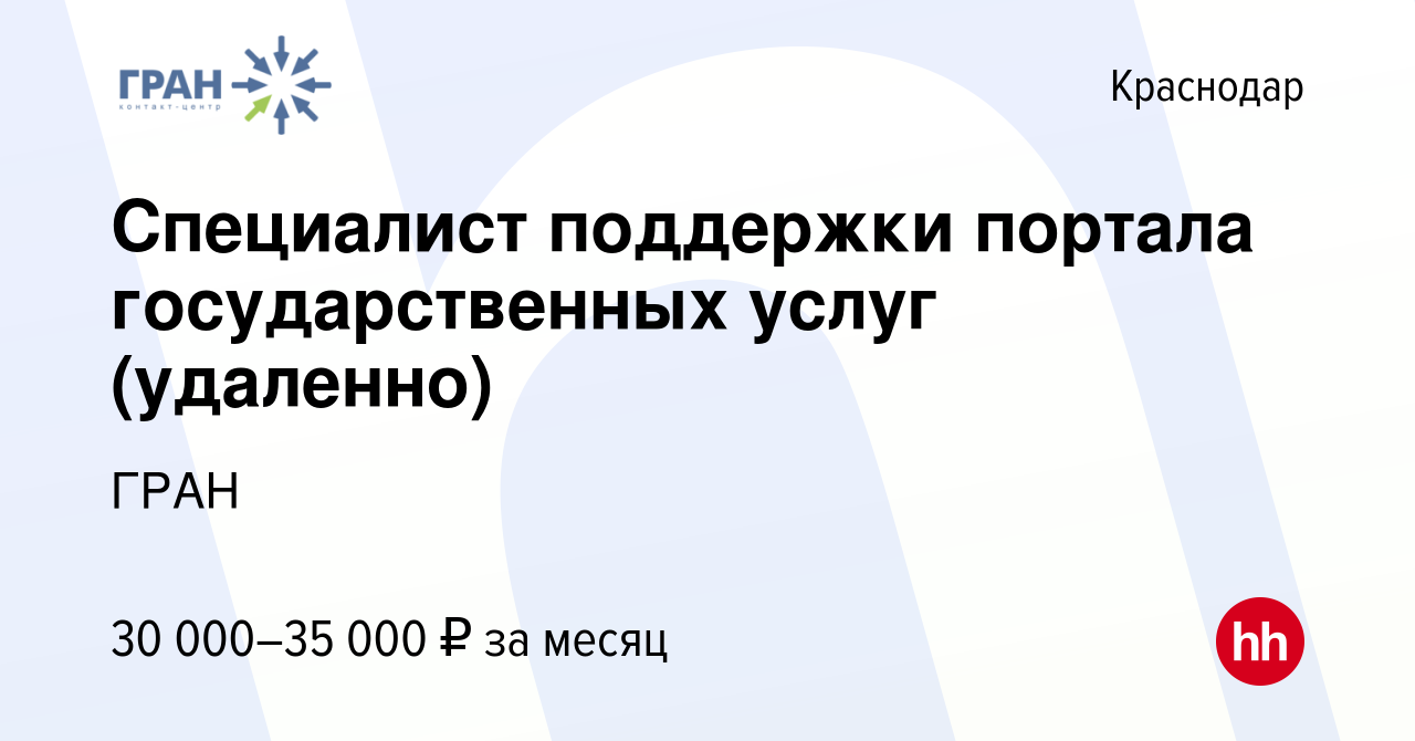 Вакансия Специалист поддержки портала государственных услуг (удаленно) в  Краснодаре, работа в компании ГРАН (вакансия в архиве c 9 февраля 2024)