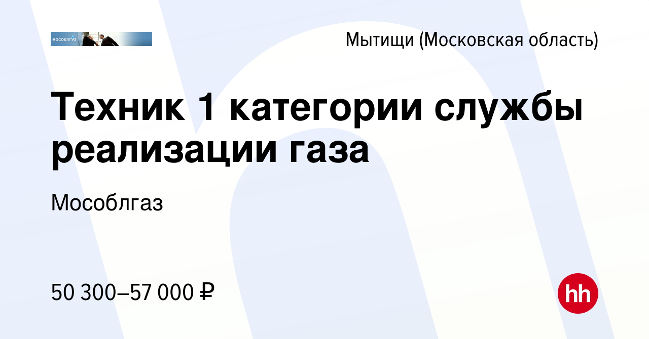 Вакансия Техник 1 категории службы реализации газа в Мытищах, работа в  компании Мособлгаз