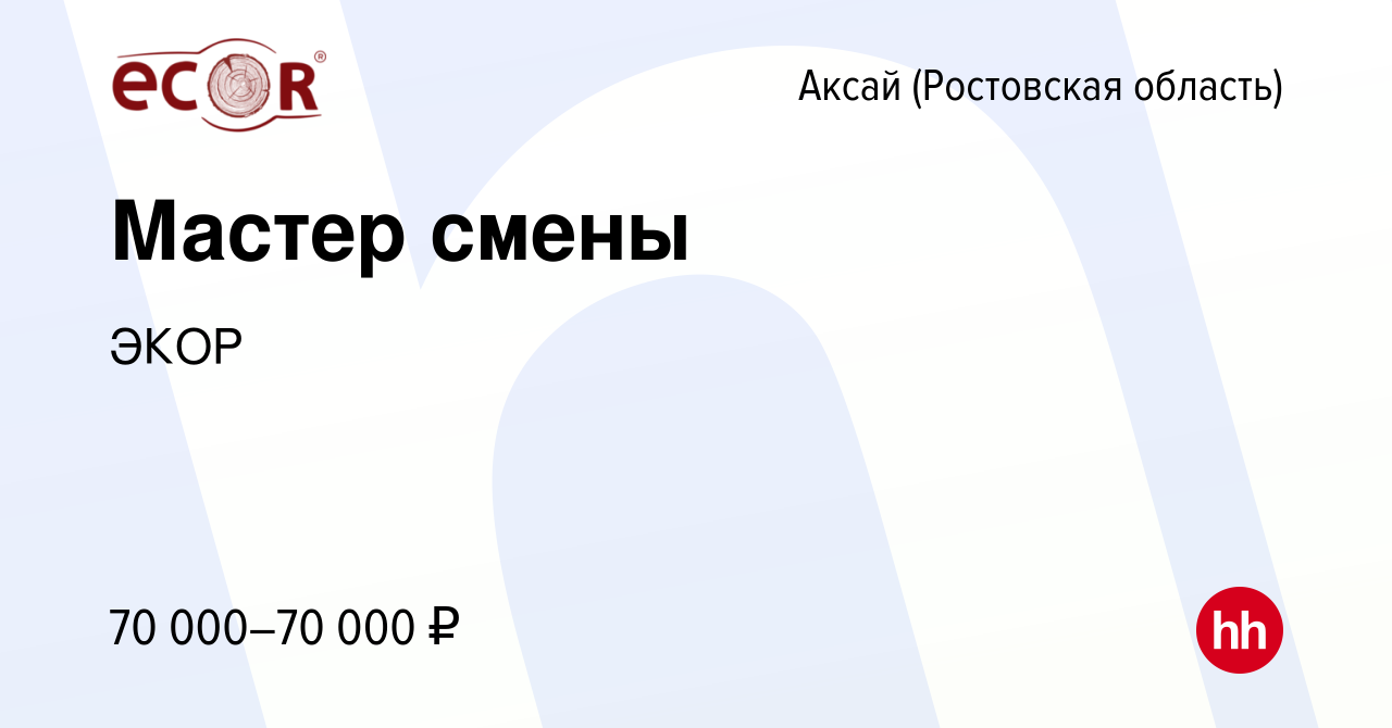 Вакансия Мастер смены в Аксае, работа в компании ЭКОР (вакансия в архиве c  11 февраля 2024)