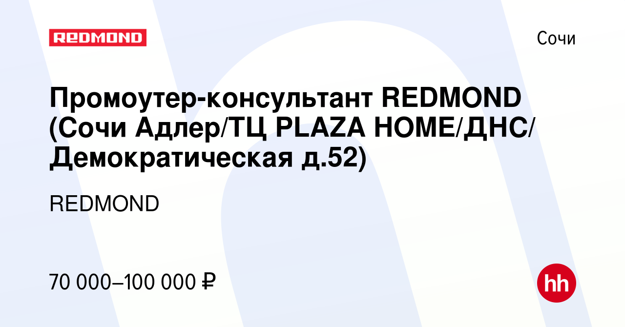 Вакансия Промоутер-консультант REDMOND (Сочи Адлер/ТЦ PLAZA HOME/ДНС/  Демократическая д.52) в Сочи, работа в компании REDMOND (вакансия в архиве  c 18 января 2024)