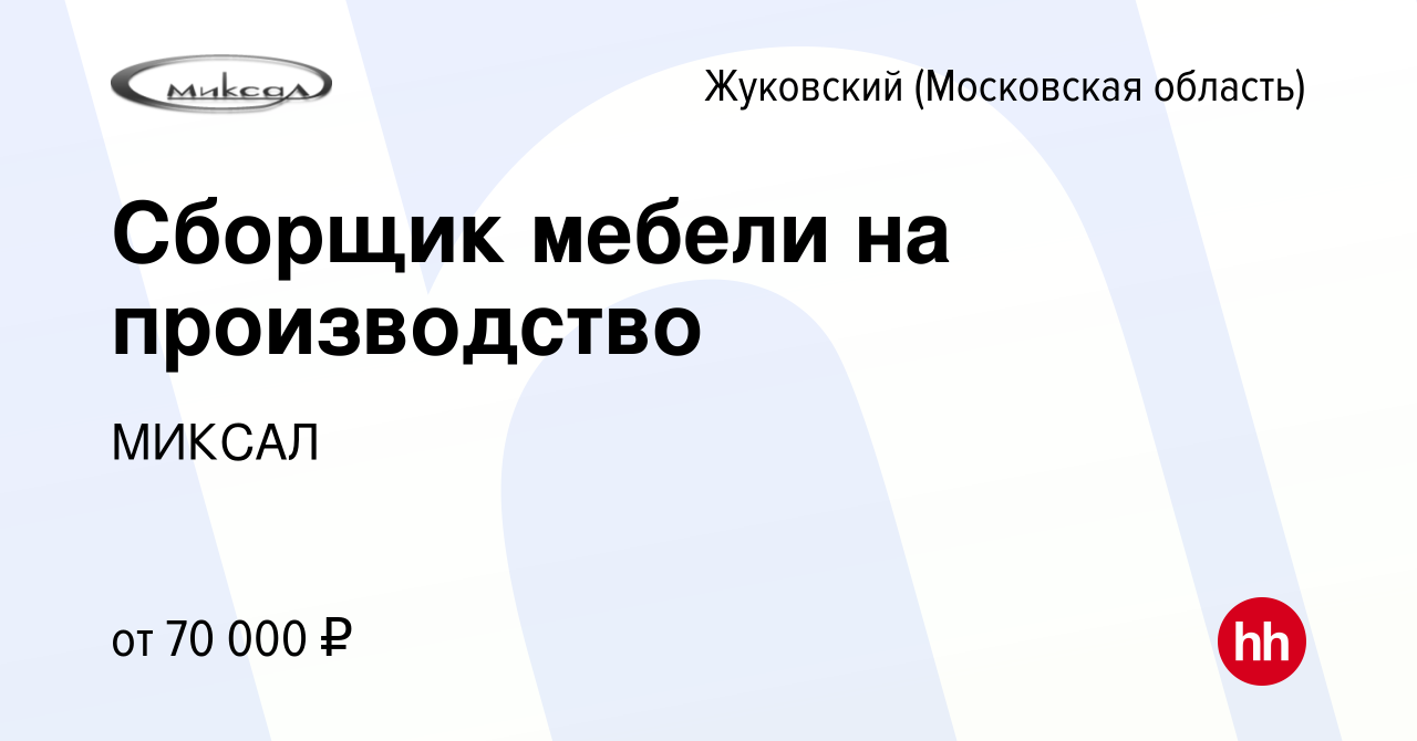 Вакансия Сборщик мебели на производство в Жуковском, работа в компании  МИКСАЛ (вакансия в архиве c 17 февраля 2024)