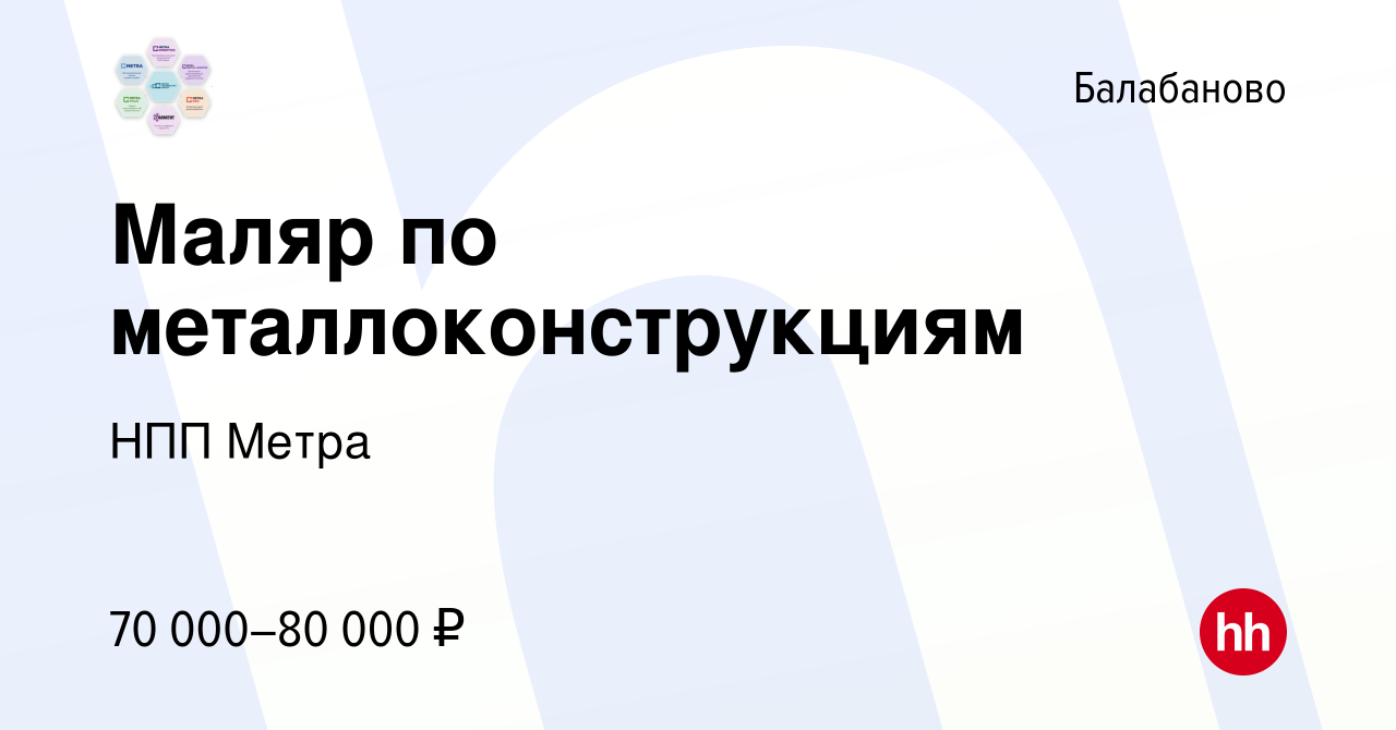 Вакансия Маляр по металлоконструкциям в Балабаново, работа в компании НПП  Метра (вакансия в архиве c 17 февраля 2024)