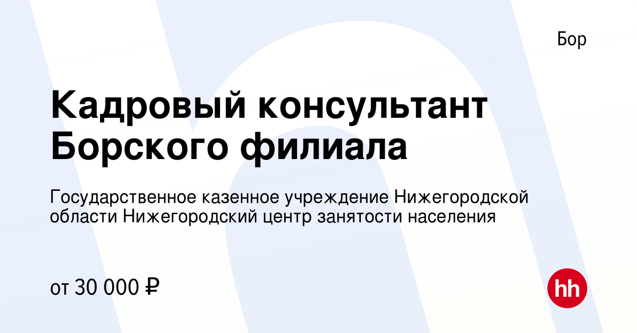 Вакансия Кадровый консультант Борского филиала на Бору, работа в компании  Государственное казенное учреждение Нижегородской области Нижегородский  центр занятости населения (вакансия в архиве c 29 февраля 2024)