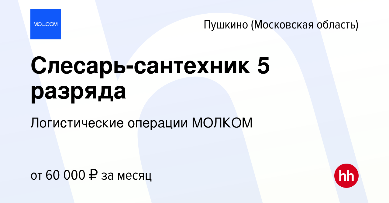 Вакансия Слесарь-сантехник 5 разряда в Пушкино (Московская область) ,  работа в компании Логистические операции МОЛКОМ