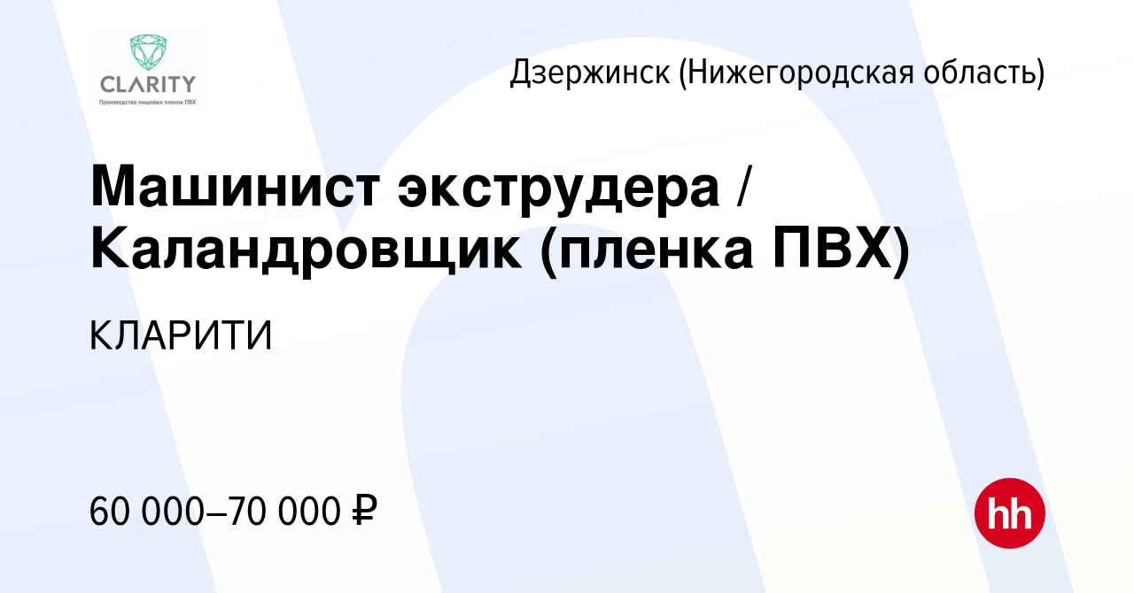 Вакансия Машинист экструдера / Каландровщик (пленка ПВХ) в Дзержинске,  работа в компании КЛАРИТИ (вакансия в архиве c 5 марта 2024)