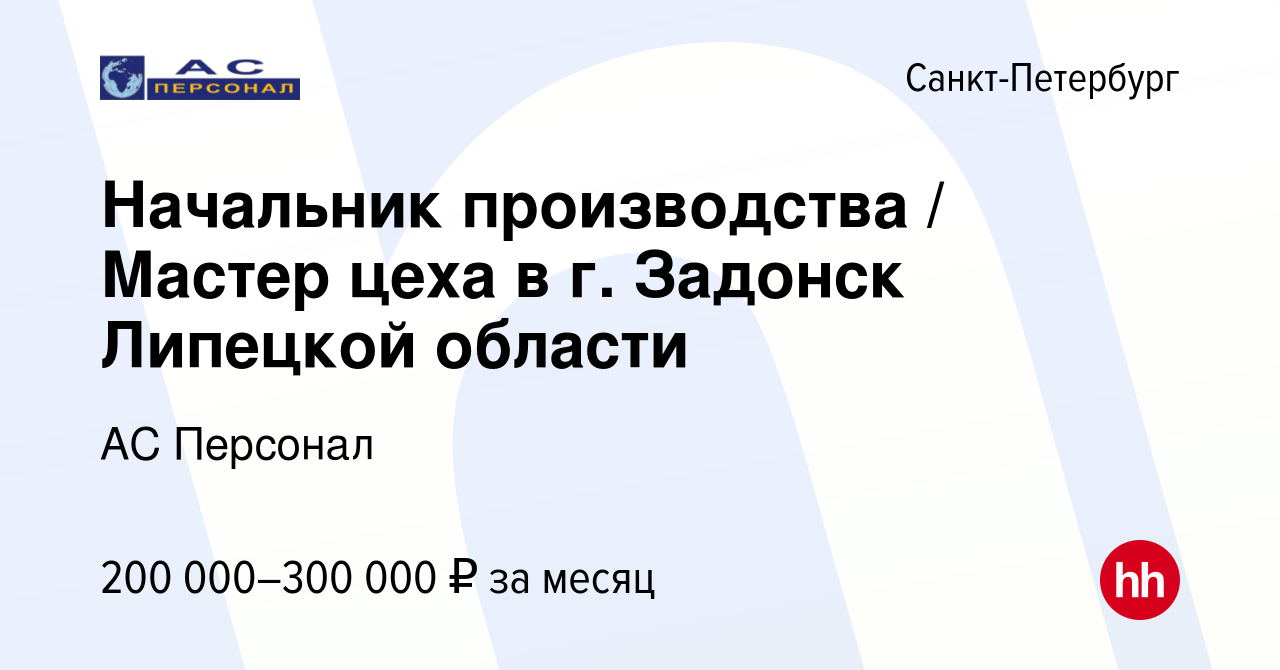 Вакансия Начальник производства / Мастер цеха в г. Задонск Липецкой области  в Санкт-Петербурге, работа в компании АС Персонал (вакансия в архиве c 13  марта 2024)