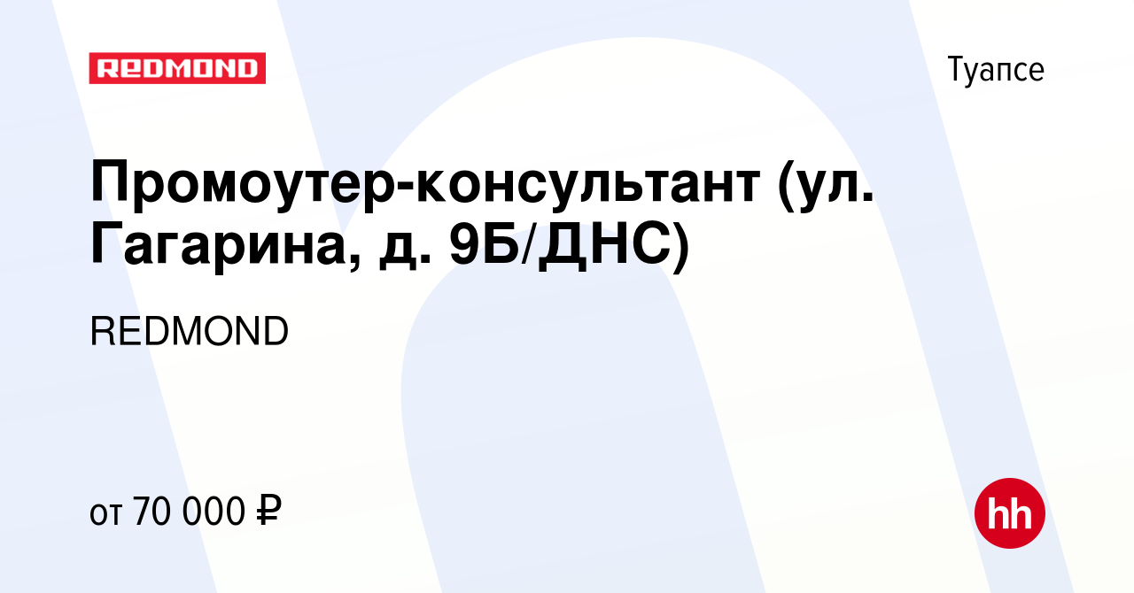 Вакансия Промоутер-консультант (ул. Гагарина, д. 9Б/ДНС) в Туапсе, работа в  компании REDMOND (вакансия в архиве c 14 марта 2024)