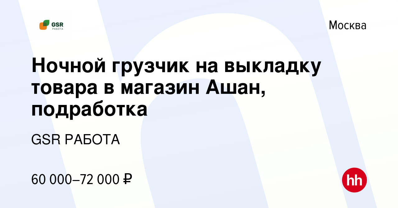 Вакансия Ночной грузчик на выкладку товара в магазин Ашан, подработка в  Москве, работа в компании GSR РАБОТА (вакансия в архиве c 17 марта 2024)