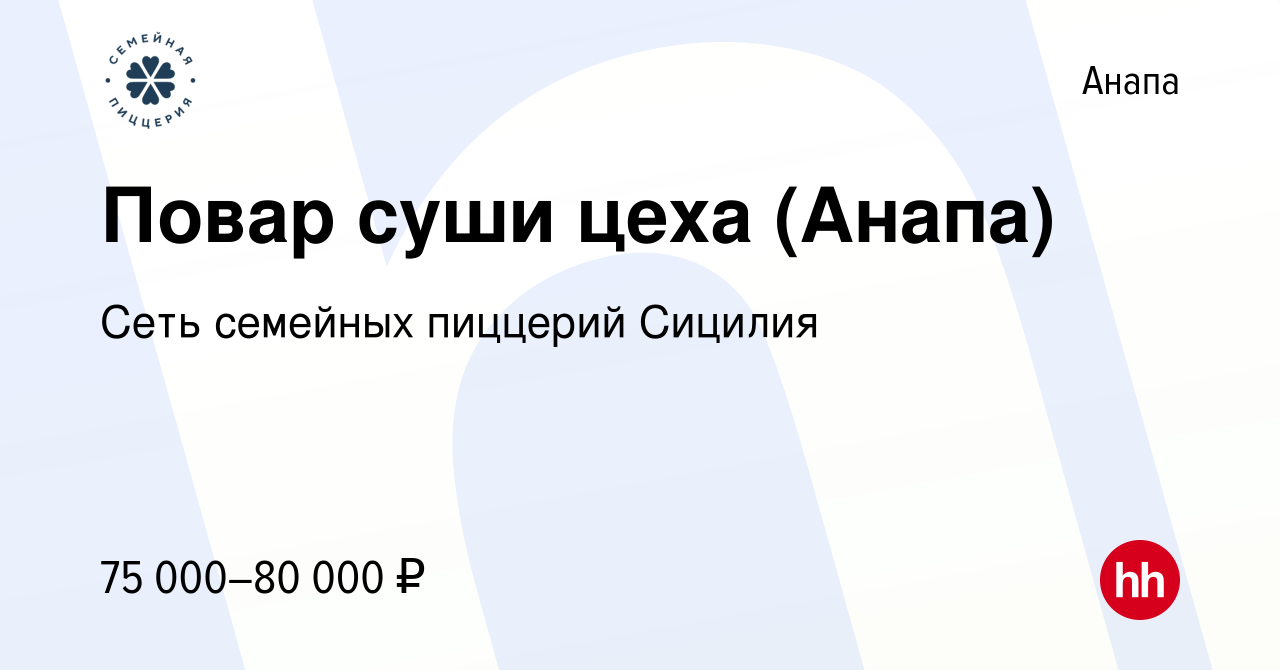 Вакансия Повар суши цеха (Анапа) в Анапе, работа в компании Сеть семейных  пиццерий Сицилия (вакансия в архиве c 16 апреля 2024)