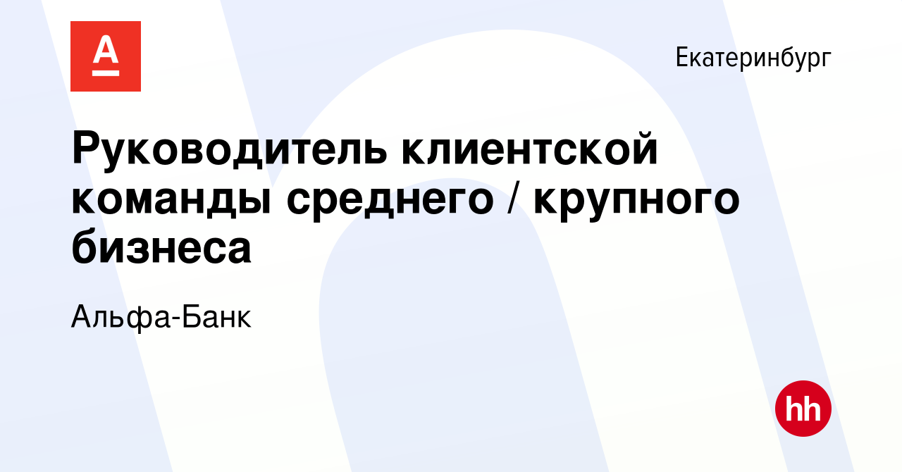 Вакансия Руководитель клиентской команды среднего / крупного бизнеса в  Екатеринбурге, работа в компании Альфа-Банк